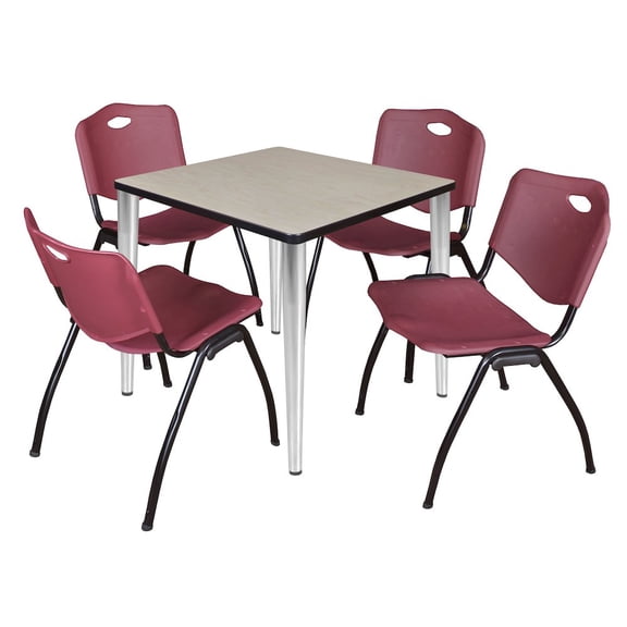 Regency Kee 30 in Square Breakroom Table- Maple Top, Chrome Legs, 4 M Stack Chairs- Burgundy
