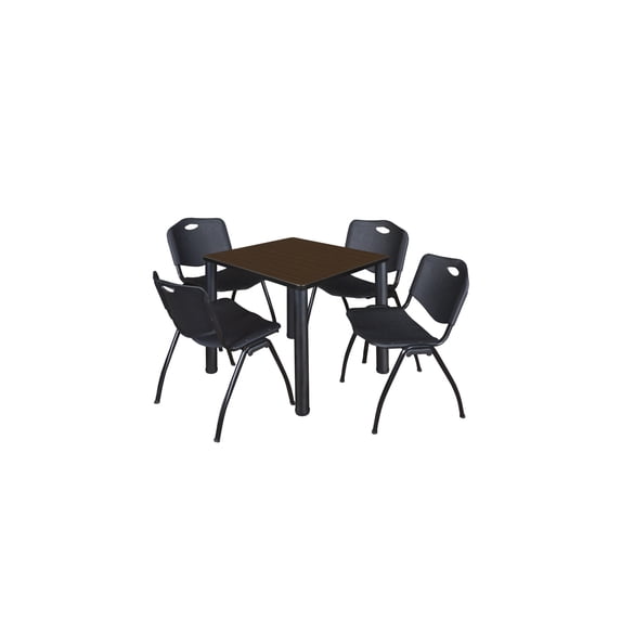 Regency Kee 30" Square Breakroom Table- Neo Walnut/ Black & 4 'M' Stack Chairs- Black