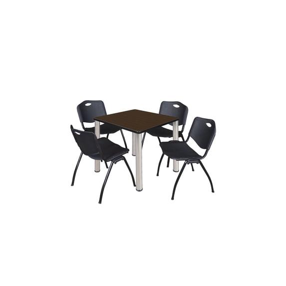 Regency Kee 30" Square Breakroom Table- Neo Walnut/ Chrome & 4 'M' Stack Chairs- Black