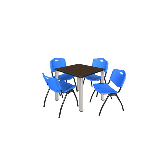 Regency Kee 30" Square Breakroom Table- Neo Walnut/ Chrome & 4 'M' Stack Chairs- Blue