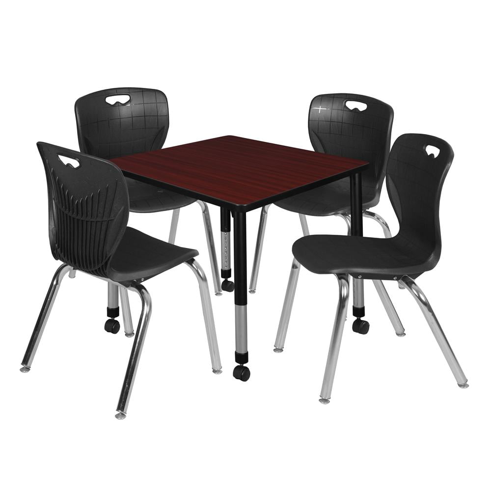 Regency Kee 30" Square Height Adjustable Moblie Classroom Table - Mahogany & 4 Andy 18-in Stack Chairs- Black