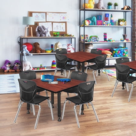 Regency Kee 30" Square Height Adjustable Classroom Table - Cherry & 4 Andy 12-in Stack Chairs- Black