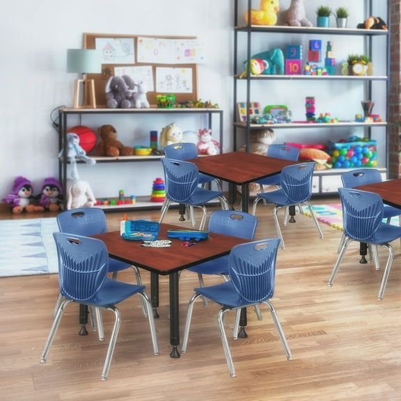 Regency Kee 30" Square Height Adjustable  Classroom Table - Cherry & 4 Andy 12-in Stack Chairs- Navy Blue