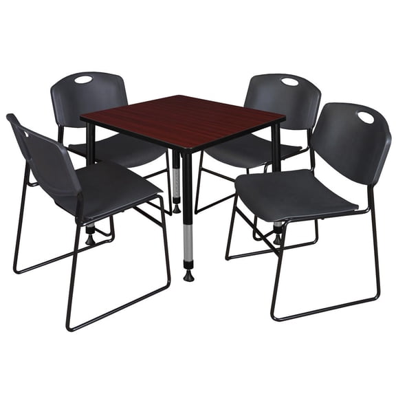 Regency Kee 30" Square Height Adjustable Classroom Table - Mahogany & 4 Zeng Stack Chairs- Black