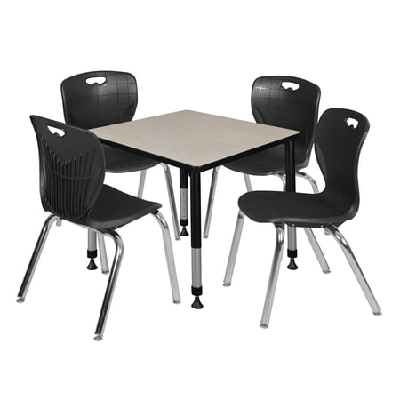Regency Kee 30" Square Height Adjustable Classroom Table - Maple & 4 Andy 18-in Stack Chairs- Black
