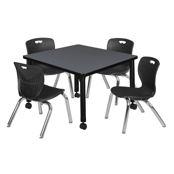 Regency Kee 30 in. Square Mobile Adjustable Classroom Table- Grey & 4 Andy 12 in. Stack Chairs- Black