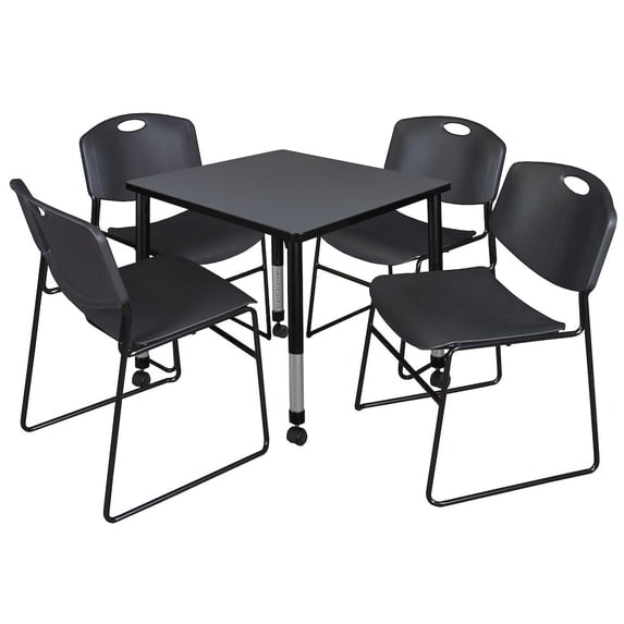 Regency 30 Square Mobile Adjustable Classroom Table- Grey & 4 Zeng Stack Chairs- Black
