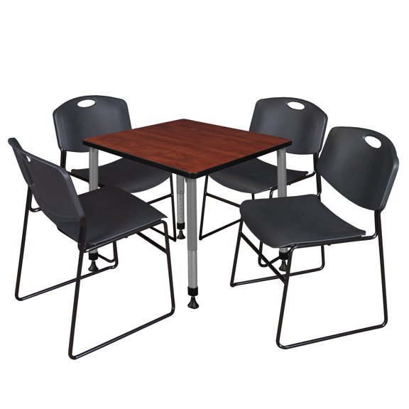 Regency Kee 30 in. Square Adjustable Classroom Table- Cherry & 4 Zeng Stack Chairs- Black & Grey Base