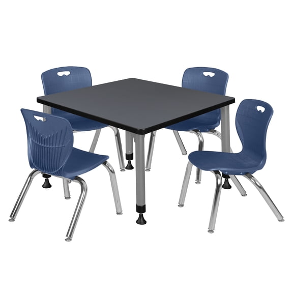 Regency Kee 30 in. Square Adjustable Classroom Table- Grey & 4 Andy 12 in. Stack Chairs- Blue & Grey Base