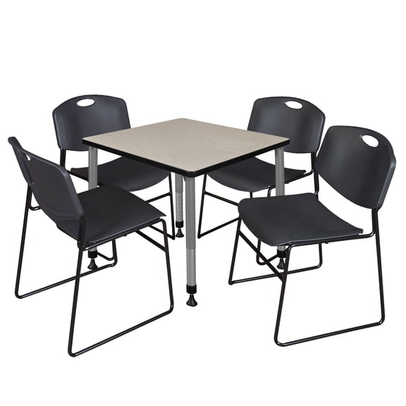 Regency Kee 30 in. Square Adjustable Classroom Table- Maple & 4 Zeng Stack Chairs- Black & Grey Base