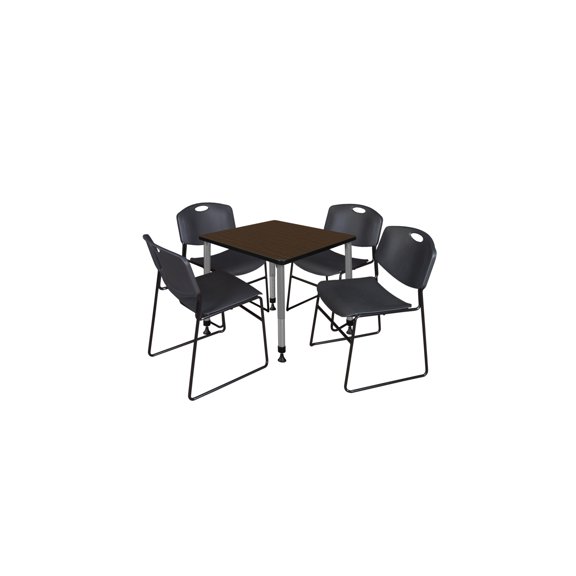 Regency Kee 30 in. Square Adjustable Classroom Table- Neo Walnut Top, Grey Base & 4 Black Zeng Stack Chairs