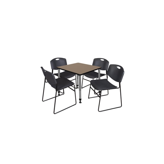 Regency Kee 30 in. Square Adjustable Classroom Table- Noble Oak Top, Grey Base & 4 Black Zeng Stack Chairs