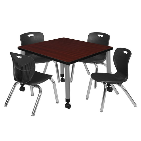 Regency Kee 30 in. Square Mobile Adjustable Classroom Table- Mahogany & 4 Andy 12 in. Stack Chairs- Black & Grey Base