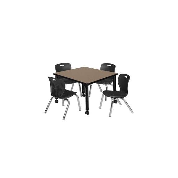 Regency Kee 30 in. Square Mobile Adjustable Classroom Table- Noble Oak Top, Black Base & 4 Andy 12 in. Black Stack Chairs