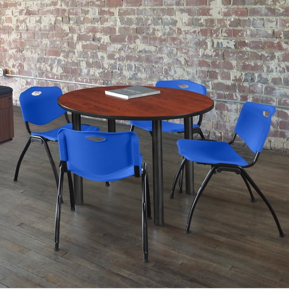 Kee 36" Round Breakroom Table- Cherry/ Black & 4 'M' Stack Chairs- Blue