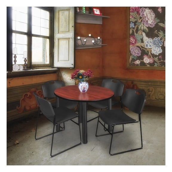 Kee 36" Round Breakroom Table- Cherry/ Black & 4 Zeng Stack Chairs- Black