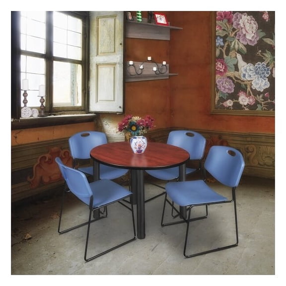 Kee 36" Round Breakroom Table- Cherry/ Black & 4 Zeng Stack Chairs- Blue