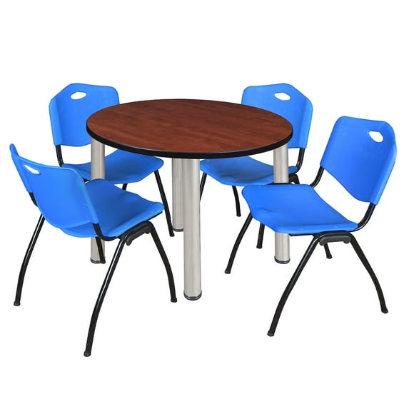 Regency 36 in Round Breakroom Table- Cherry Top, Chrome Legs, 4 M Stack Chairs- Blue