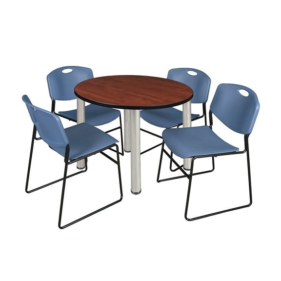 Regency Kee 36" Round Breakroom Table- Cherry/ Chrome & 4 Zeng Stack Chairs- Blue