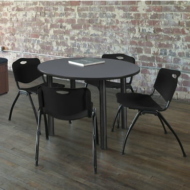 Regency Kee 36 in Round Breakroom Table- Grey Top, Black Legs, 4 M Stack Chairs- Black