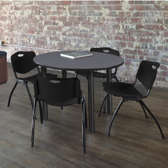 Regency Kee 36 in Round Breakroom Table- Grey Top, Black Legs, 4 M Stack Chairs- Black