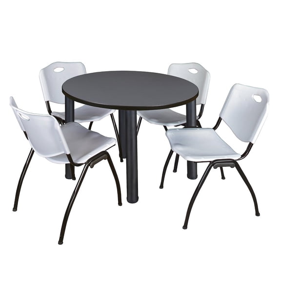 Regency 36 in Round Breakroom Table- Grey Top, Black Legs, 4 M Stack Chairs- Grey