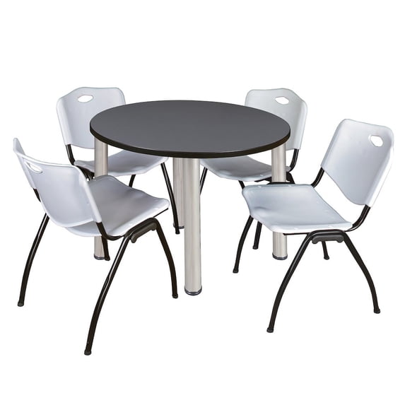 Regency 36 in Round Breakroom Table- Grey Top, Chrome Legs, 4 M Stack Chairs- Grey