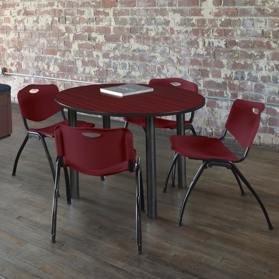 Kee 36" Round Breakroom Table- Mahogany/ Black & 4 'M' Stack Chairs- Burgundy