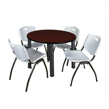 Regency Kee 36" Round Breakroom Table- Mahogany/ Black & 4 'M' Stack Chairs- Grey