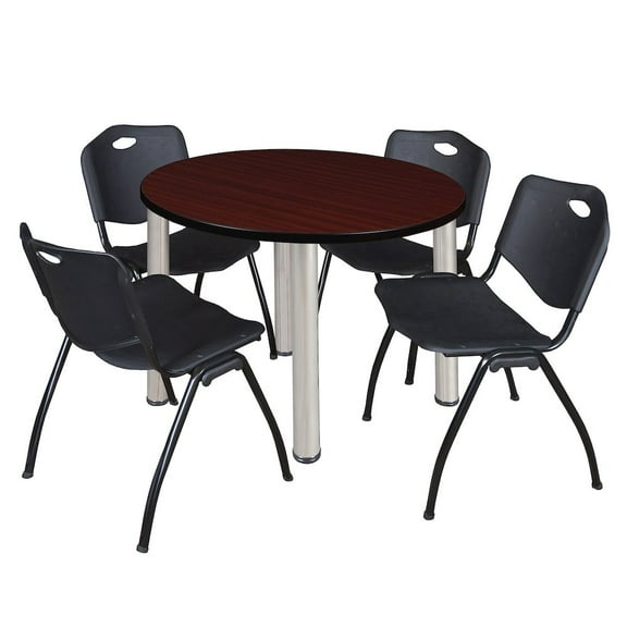 Regency 36 in Round Breakroom Table- Mahogany Top, Chrome Legs, 4 M Stack Chairs- Black