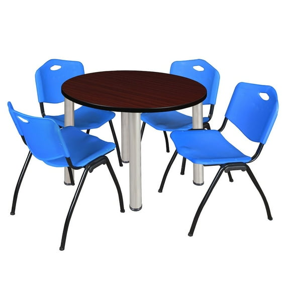 Regency 36 in Round Breakroom Table- Mahogany Top, Chrome Legs, 4 M Stack Chairs- Blue