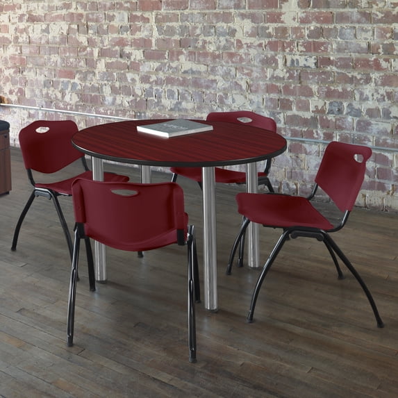 Kee 36" Round Breakroom Table- Mahogany/ Chrome & 4 'M' Stack Chairs- Burgundy
