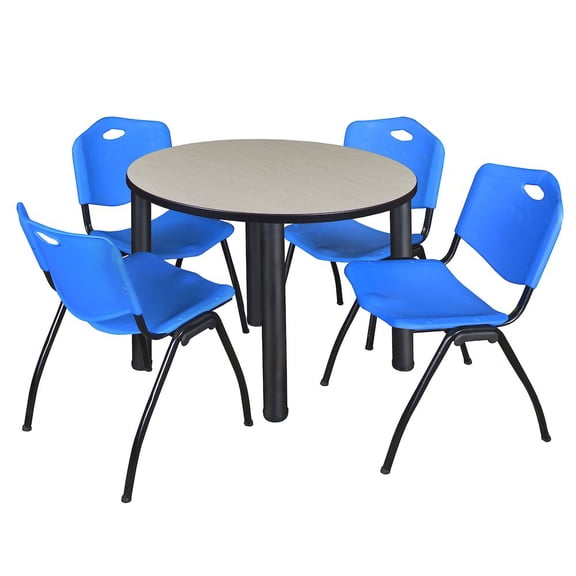 Regency 36 in Round Breakroom Table- Maple Top, Black Legs, 4 M Stack Chairs- Blue