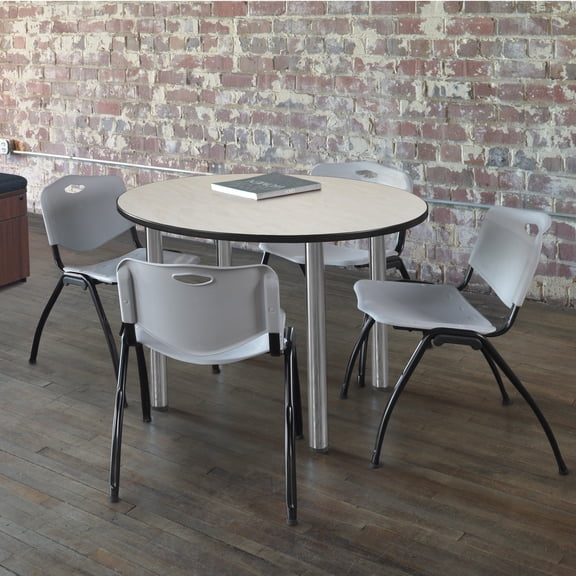 Regency Kee 36" Round Breakroom Table- Maple/ Chrome & 4 'M' Stack Chairs- Grey