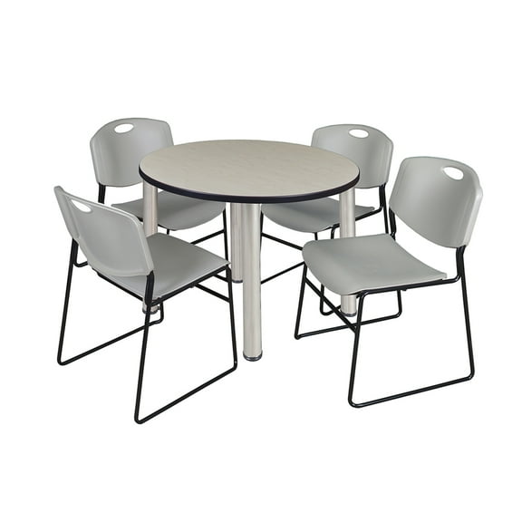 Regency Kee 36" Round Breakroom Table- Maple/ Chrome & 4 Zeng Stack Chairs- Grey