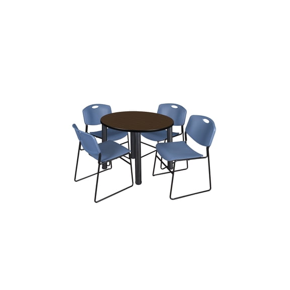 Regency Kee 36" Round Breakroom Table- Neo Walnut/ Black & 4 Zeng Stack Chairs- Blue