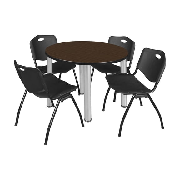 Regency Kee 36" Round Breakroom Table- Neo Walnut/ Chrome & 4 'M' Stack Chairs- Black