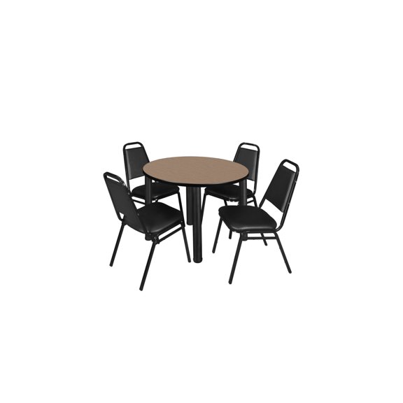 Regency Kee 36" Round Breakroom Table- Noble Oak/ Black & 4 Restaurant Stack Chairs- Black