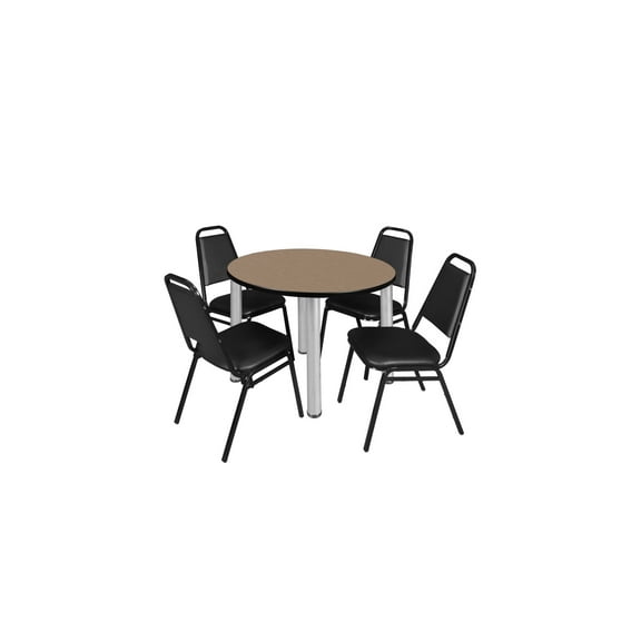 Regency Kee 36" Round Breakroom Table- Noble Oak/ Chrome & 4 Restaurant Stack Chairs- Black
