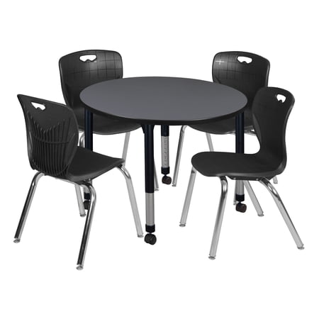 Regency Kee 36 in. Round Adjustable Classroom Table- Grey & 4 Andy 18 in. Stack Chairs- Black