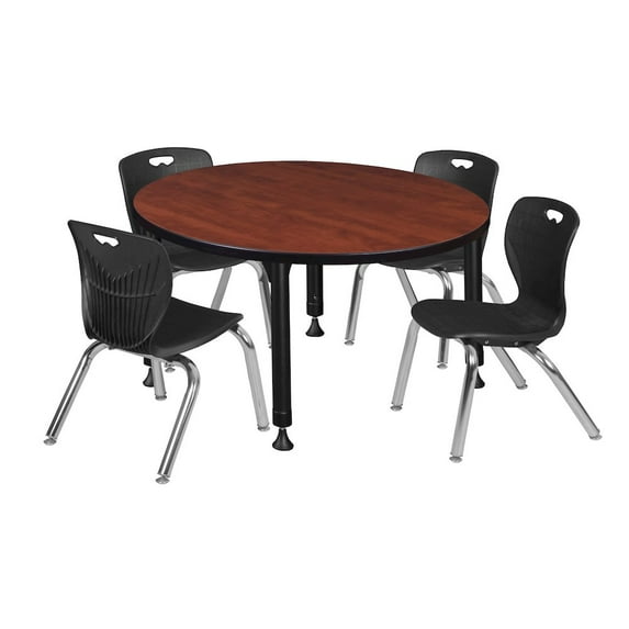 Regency 36 Round Adjustable Classroom Table- Cherry & 4 Andy 12 Stack Chairs- Black