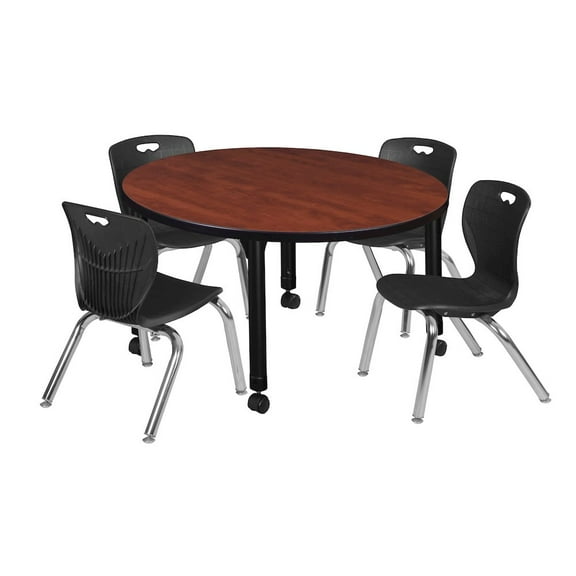 Regency 36 Round Adjustable Classroom Table- Cherry & 4 Andy 12 Stack Chairs- Black