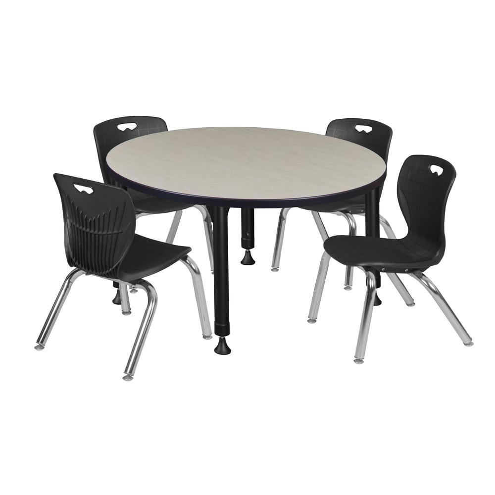 Regency Kee 36" Round Height Adjustable Classroom Table - Maple & 4 Andy 12-in Stack Chairs- Black