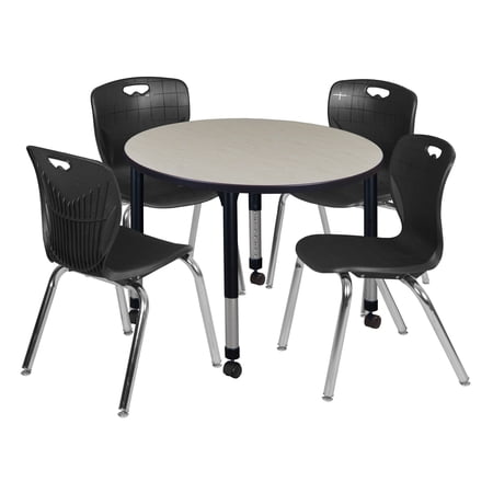 Regency 36 Round Adjustable Classroom Table- Maple & 4 Andy 18 Stack Chairs- Black