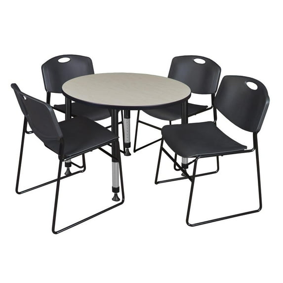 Regency Kee 36" Round Height Adjustable Classroom Table - Maple & 4 Zeng Stack Chairs- Black