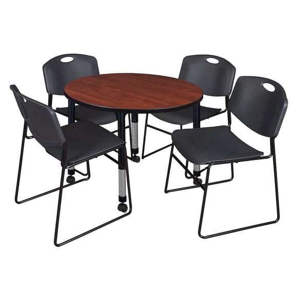Regency 36 Round Mobile Adjustable Classroom Table- Cherry & 4 Zeng Stack Chairs- Black