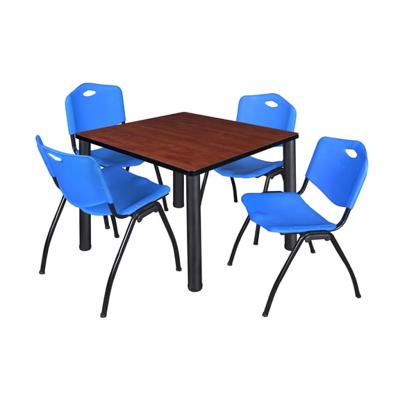 Regency Kee 36 in Square Breakroom Table- Cherry Top, Black Legs, 4 M Stack Chairs- Blue