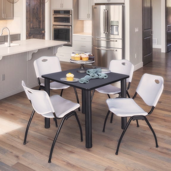 Kee 36" Square Breakroom Table- Grey/ Black & 4 'M' Stack Chairs- Grey