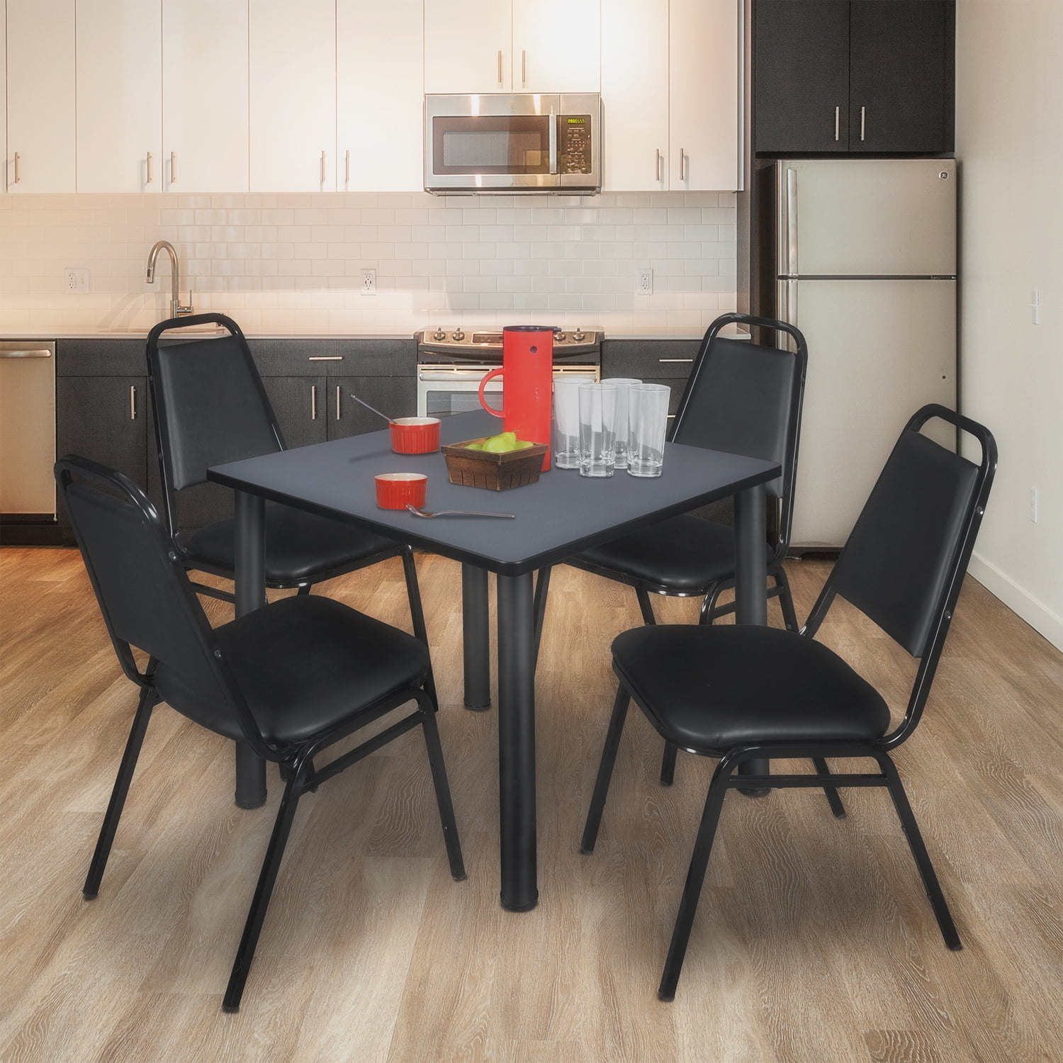 36" Square Black and Grey Table with 4 Black Vinyl Chairs