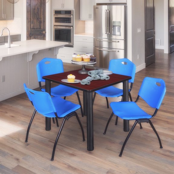 Regency Kee 36" Square Breakroom Table- Mahogany/ Black & 4 'M' Stack Chairs- Blue